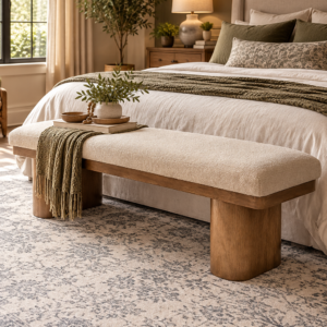Light brown 55 inch upholstered bedroom bench with chenille fabric and solid rubber wood legs
