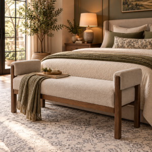 Brown 51.8 inch upholstered bedroom bench with arms and solid rubberwood legs