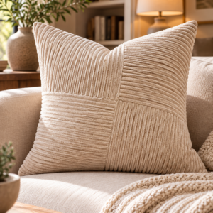 OTOSTAR light brown corduroy throw pillow cover 22x22 inch with boho striped patchwork design styled on a neutral beige sofa in a cozy living room.