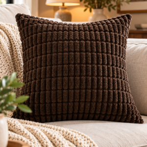 Dark brown corduroy throw pillow cover with textured striped design on a cream sofa