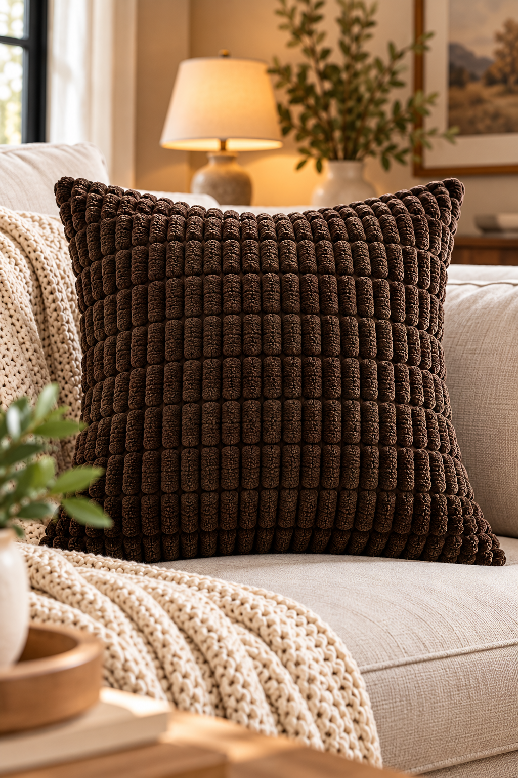 Dark brown corduroy throw pillow cover with textured striped design on a cream sofa