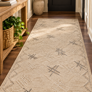 Handmade beige global area rug with neutral geometric pattern