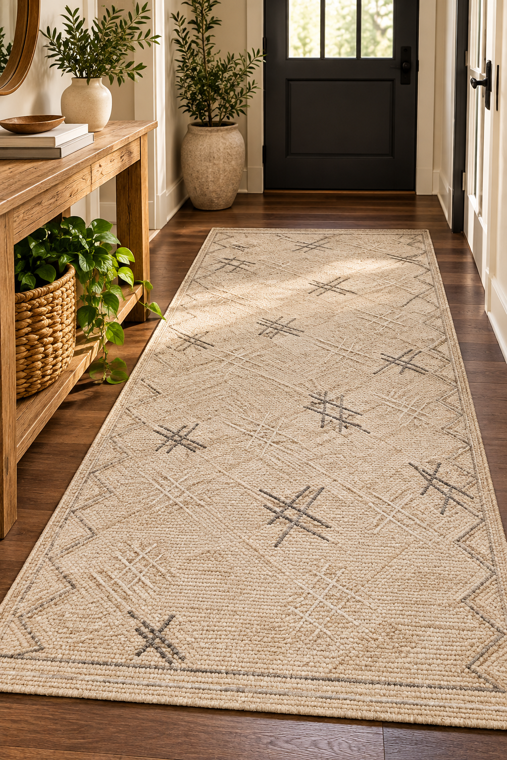 Handmade beige global area rug with neutral geometric pattern
