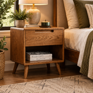Walnut solid wood nightstand with storage drawer beside a modern bed