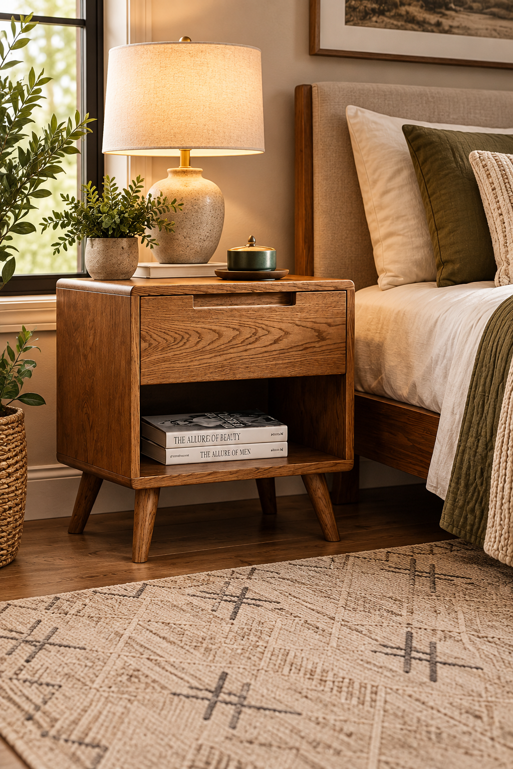 Walnut solid wood nightstand with storage drawer beside a modern bed