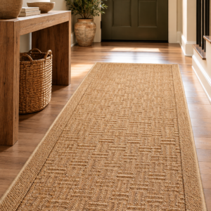 SAFAVIEH natural sisal runner rug in a neutral home hallway