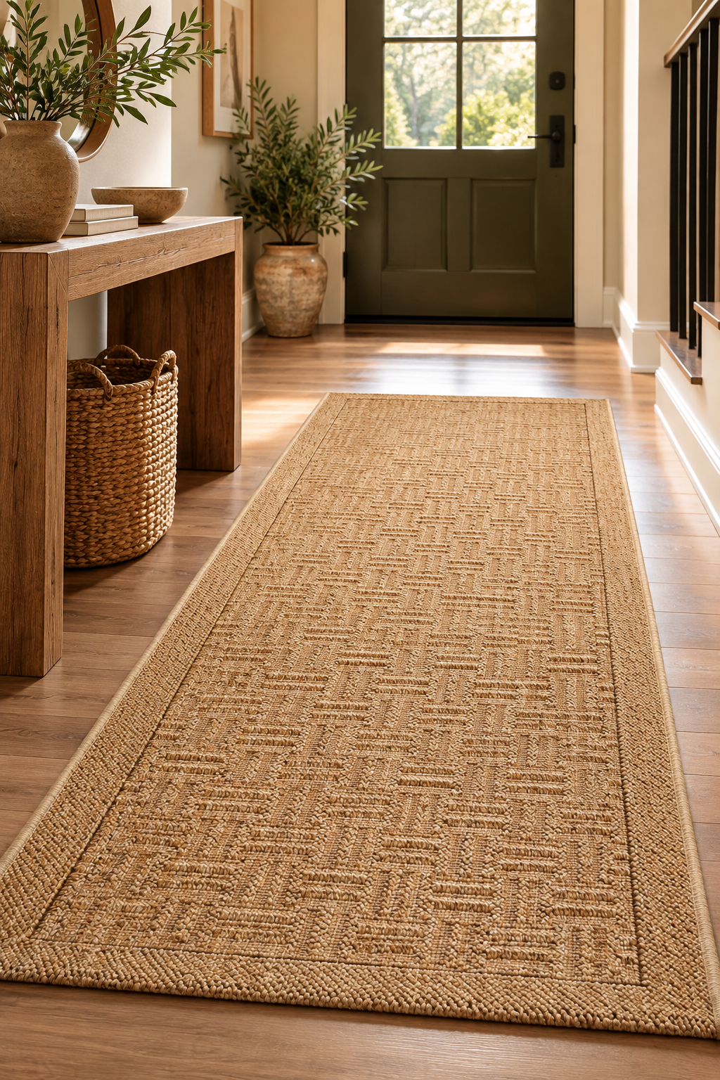 SAFAVIEH natural sisal runner rug in a neutral home hallway
