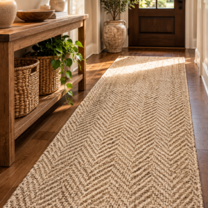 Natural jute herringbone runner rug in a warm modern entryway