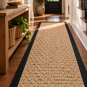 nuLOOM Elijah black bordered runner rug with natural seagrass texture in a stylish home interior