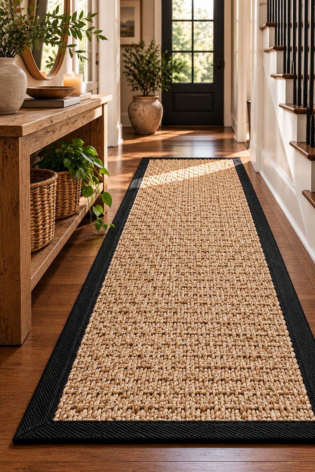 nuLOOM Elijah black bordered runner rug with natural seagrass texture in a stylish home interior