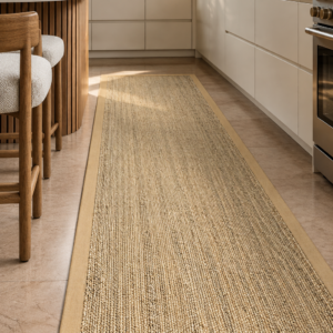 nuLOOM Elijah beige bordered runner rug with natural texture in a stylish home interior