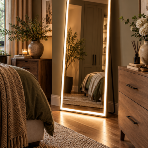 63 x 20 arched full length mirror with LED lights in a modern bedroom