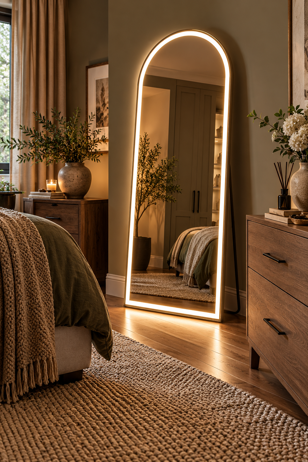 63 x 20 arched full length mirror with LED lights in a modern bedroom
