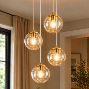 4-light modern gold globe chandelier with clear glass LED lights