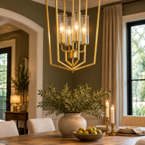 Gold 4-light dining room chandelier with geometric lantern frame and seeded glass shades