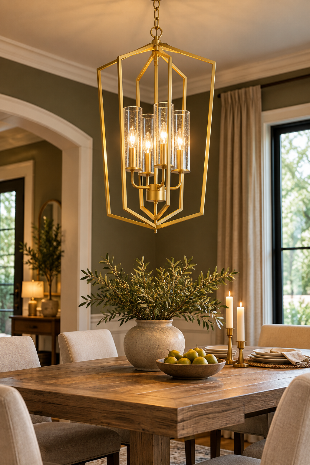 Gold 4-light dining room chandelier with geometric lantern frame and seeded glass shades