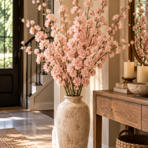 Pink artificial delphinium flowers with long silk stems for tall vase home decor