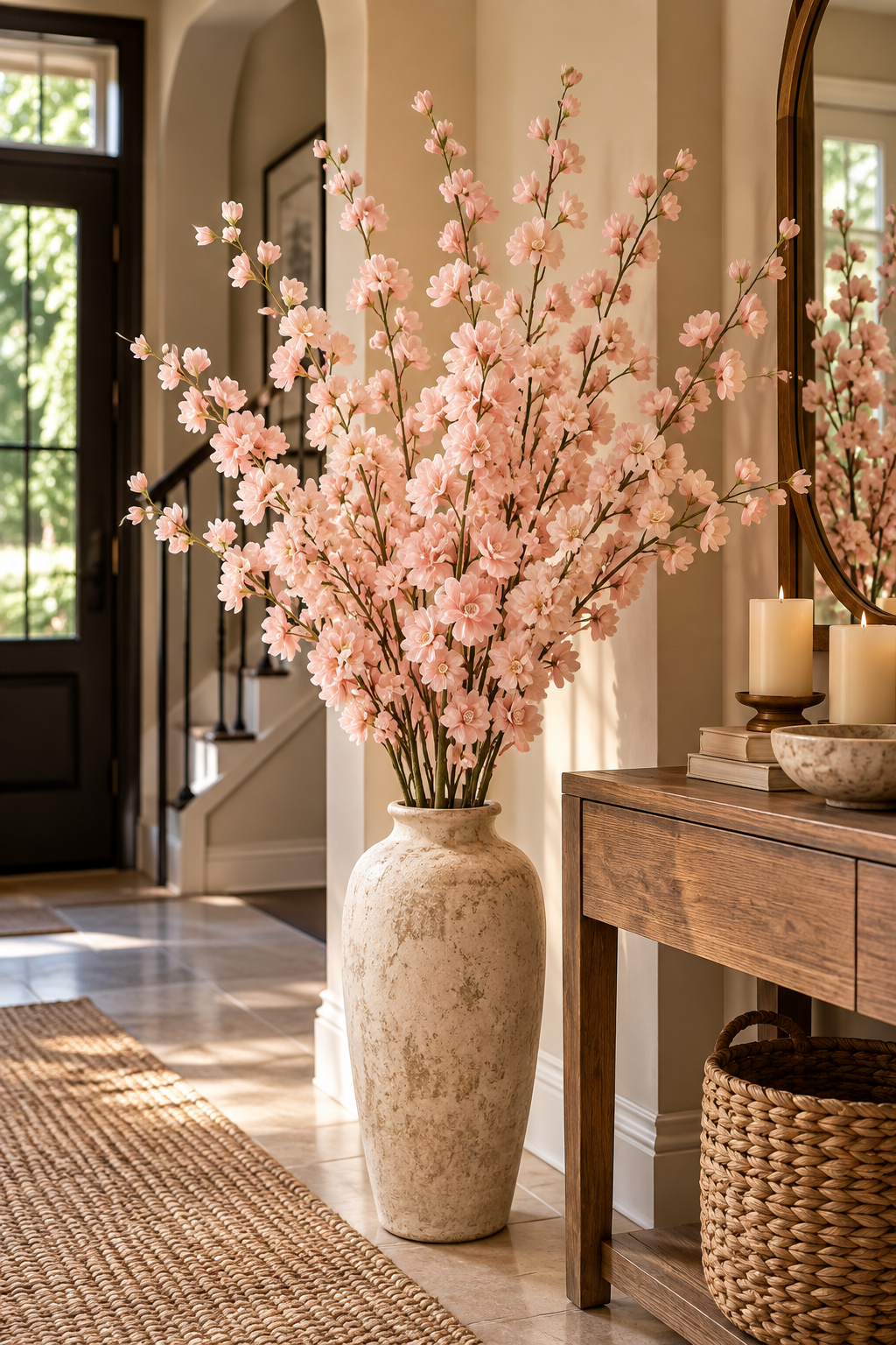 Pink artificial delphinium flowers with long silk stems for tall vase home decor