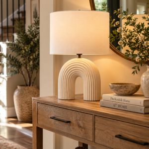 Off white textured arch table lamp on a modern console cabinet