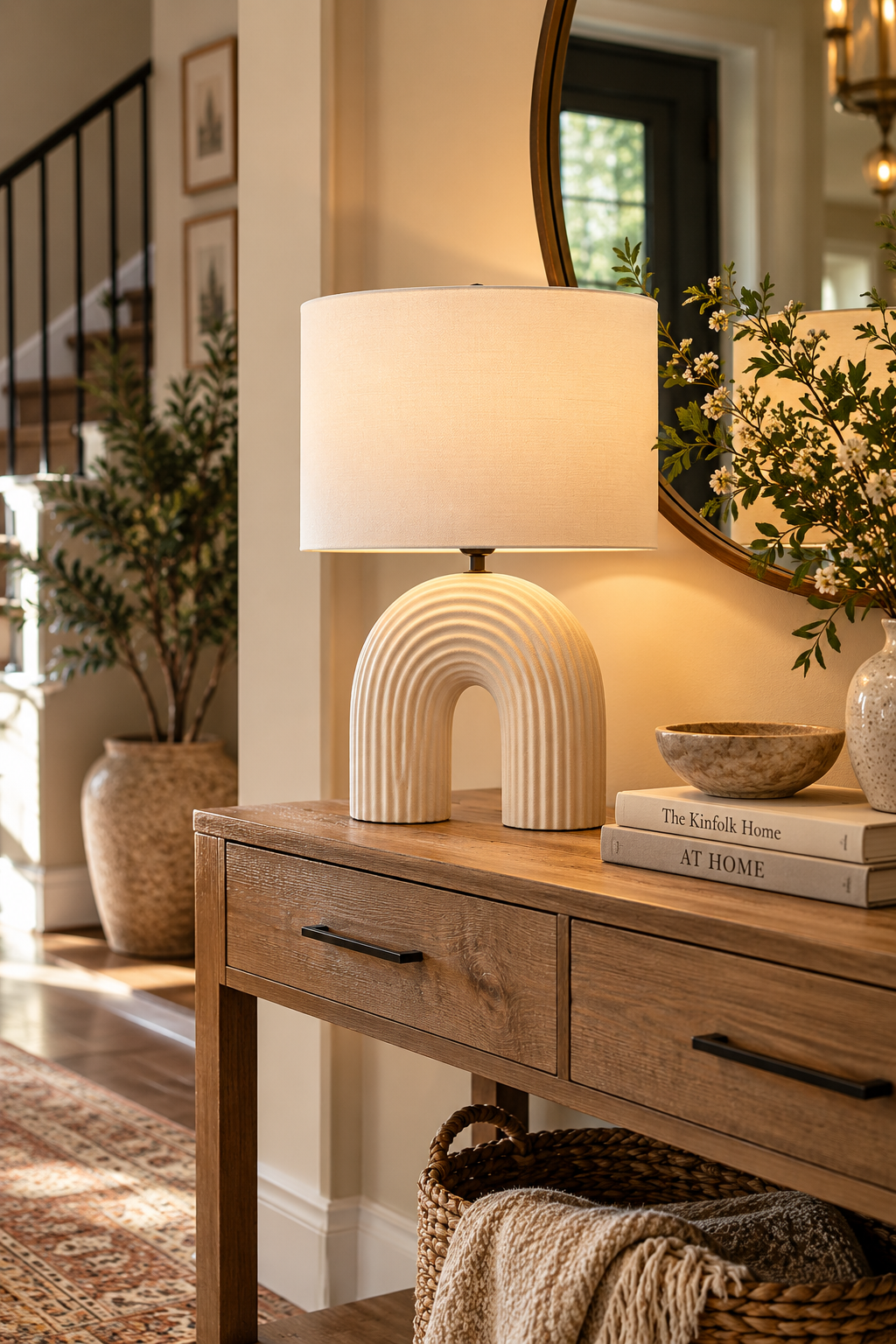 Off white textured arch table lamp on a modern console cabinet