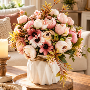 Pink artificial silk flowers with ceramic vase for home decor
