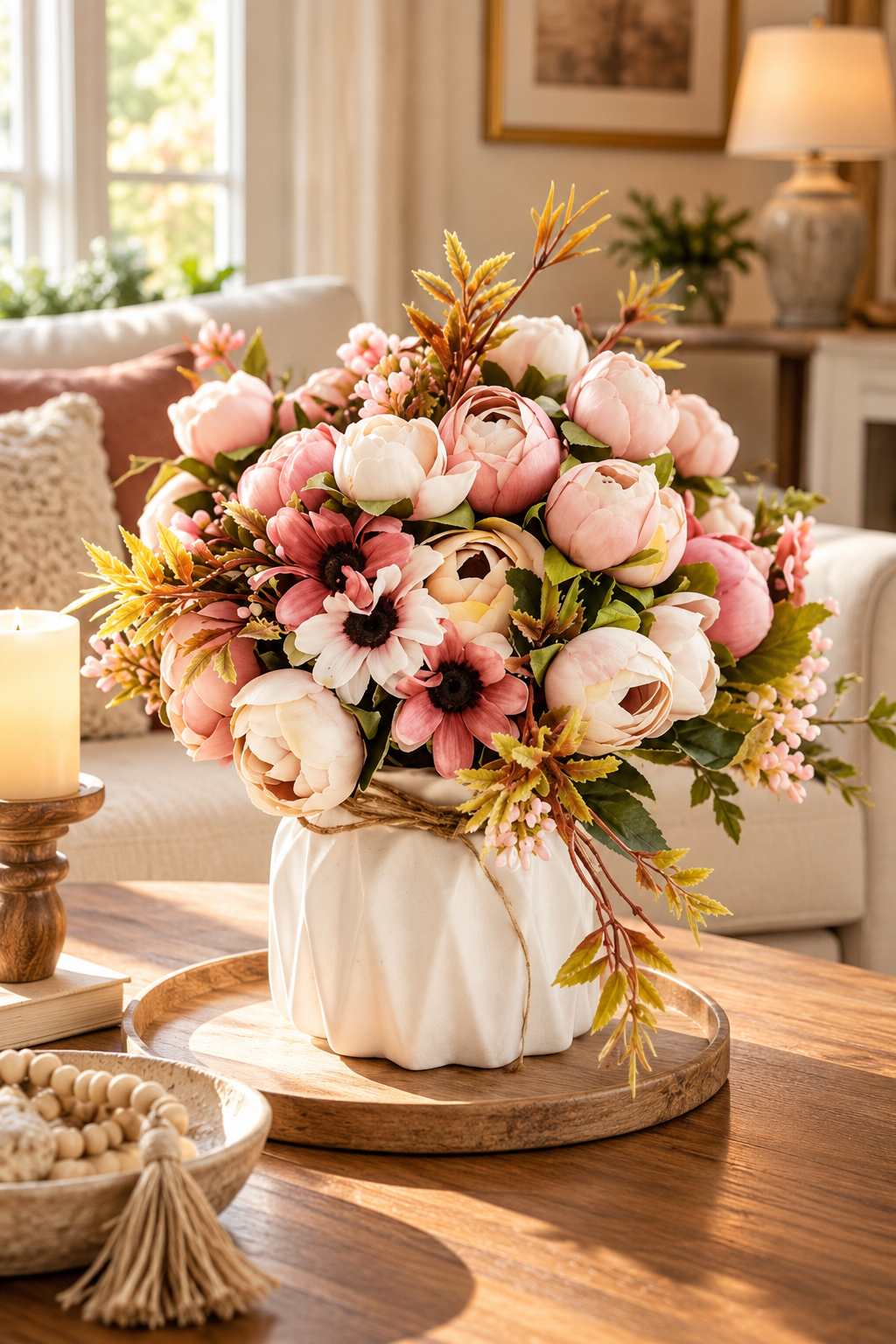 Pink artificial silk flowers with ceramic vase for home decor