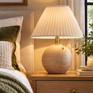 Jonathan Y Aksel beige wood table lamp with white pleated linen shade