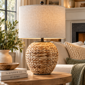 JONATHAN Y Alaro woven water hyacinth table lamp with light gray linen shade