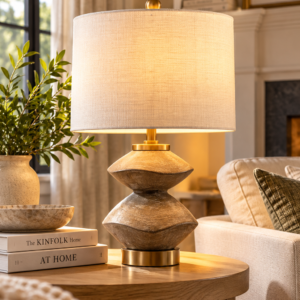 JONATHAN Y Laken 21.5 inch brown wood table lamp with white linen shade