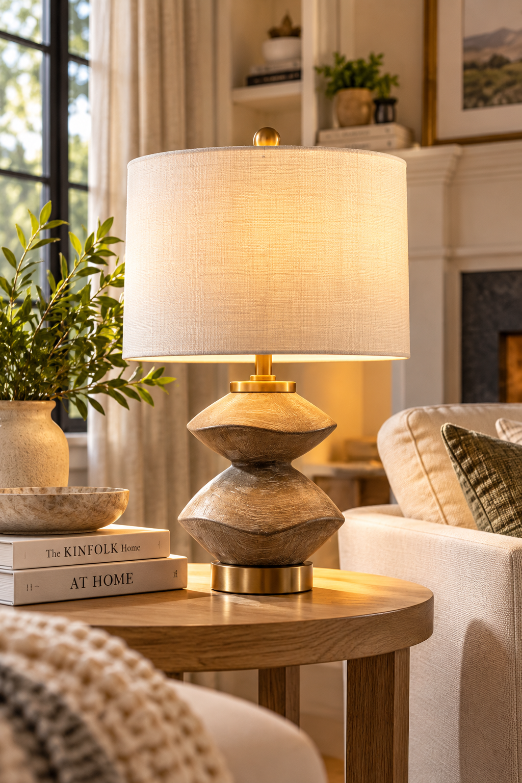 JONATHAN Y Laken 21.5 inch brown wood table lamp with white linen shade