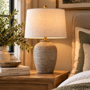 Nourison Home 23 inch greyish brown rustic farmhouse ceramic table lamp with beige linen shade