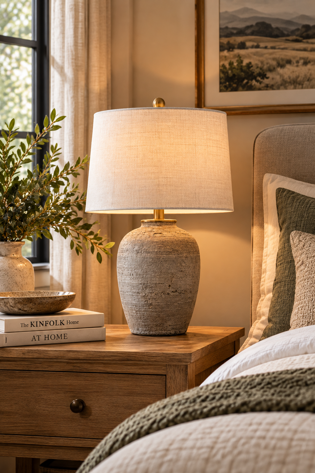 Nourison Home 23 inch greyish brown rustic farmhouse ceramic table lamp with beige linen shade