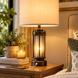 AIEAMPDO bronze farmhouse table lamps set of 2 with beige linen shades and built-in amber night lights.