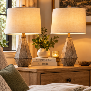 PoKat 23.5 inch farmhouse table lamps set of 2 with dark grey distressed resin bases and oatmeal linen shades on a bedside table.