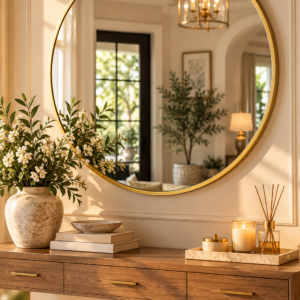 30 inch round gold wall mirror with a modern circular frame displayed above an entryway console table.