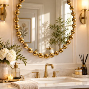 Madison Park 27 inch gold round mirror with a decorative beaded metal frame above a bathroom vanity.