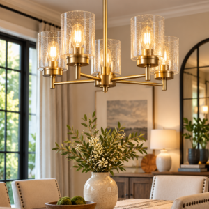 Kichler Winslow 5-light natural brass chandelier with clear seeded glass shades in a dining room.