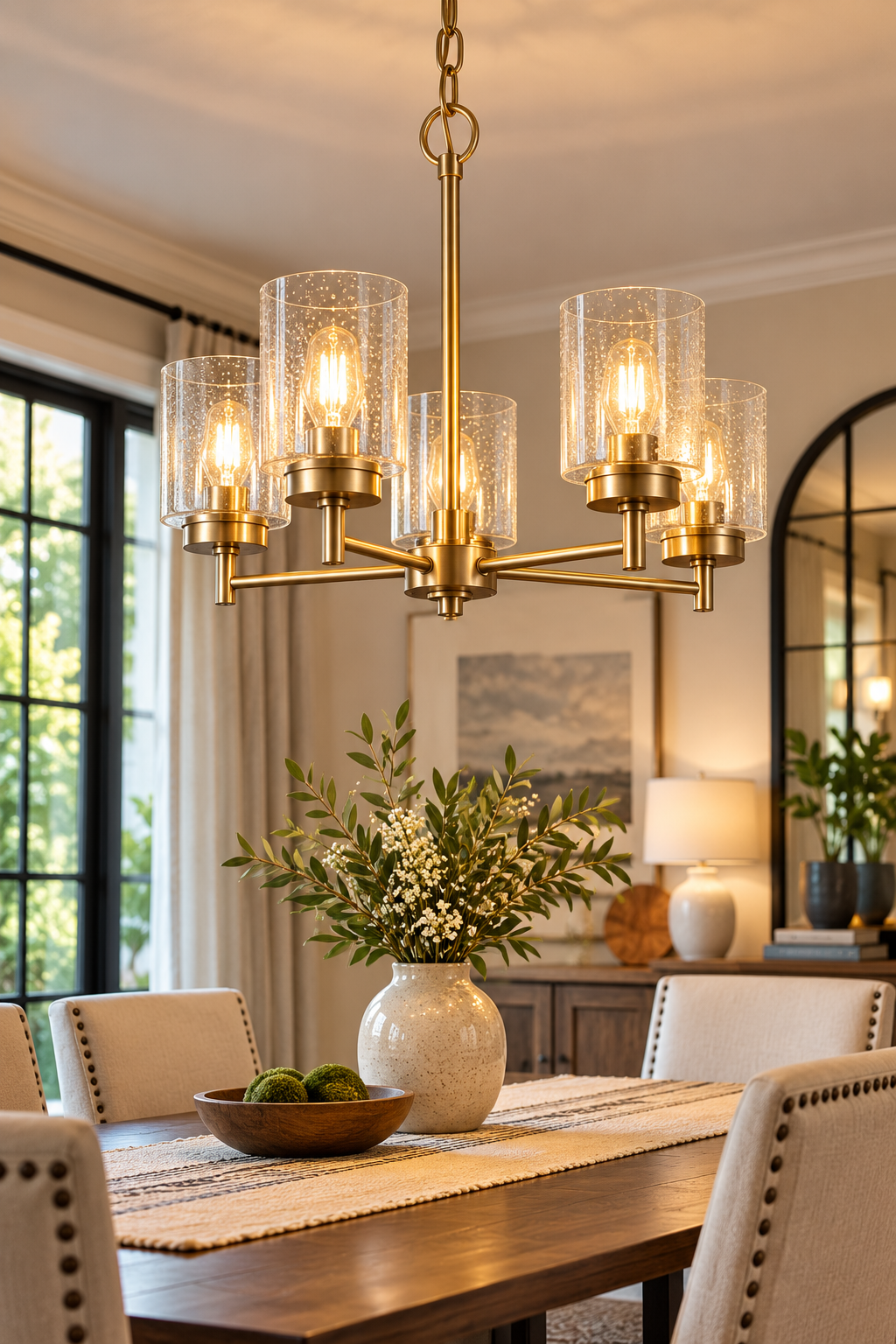 Kichler Winslow 5-light natural brass chandelier with clear seeded glass shades in a dining room.