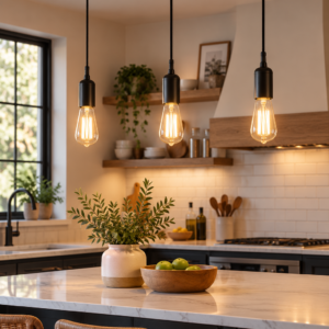 Globe Electric matte black pendant light with woven fabric cord in a modern kitchen island setting.