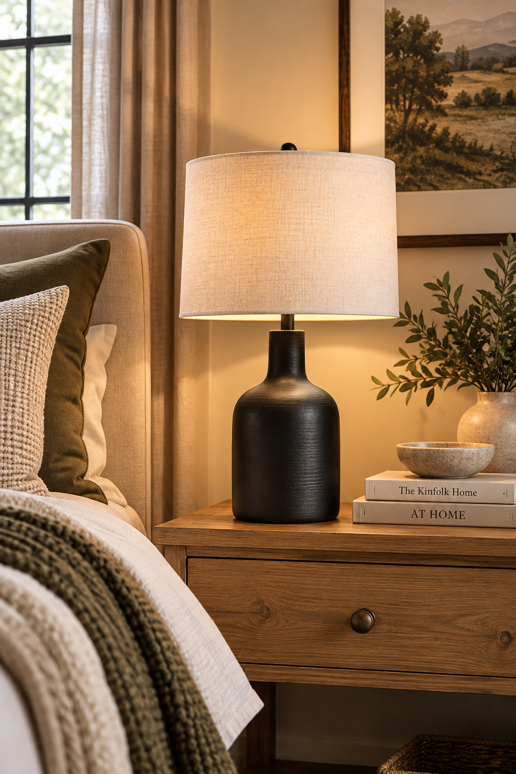 22-inch black ceramic table lamp with oatmeal linen shade on a wood table