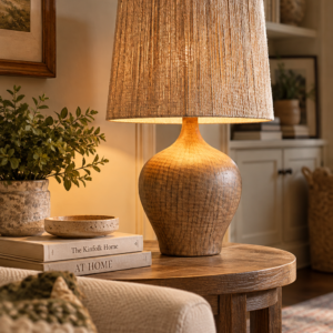 Shop the JONATHAN Y Eben 23-inch brown farmhouse table lamp with a gourd-shaped base, paper rope shade and included LED bulb for cozy home lighting.