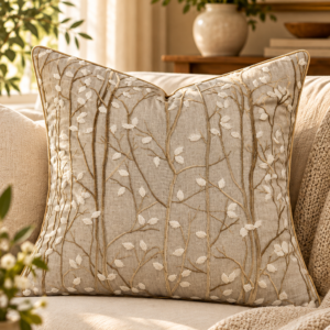 Natural linen embroidered magnolia branch pillow cover with ivory and muted gold detailing