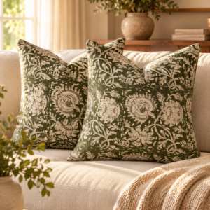 Vintage floral olive green throw pillow covers with cream botanical patterns on a neutral sofa