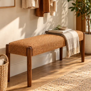 42-inch upholstered bedroom bench with orange cushion and walnut wood legs