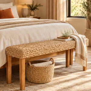Solid wood entryway bench with a handwoven water hyacinth seat and natural acacia wood legs.