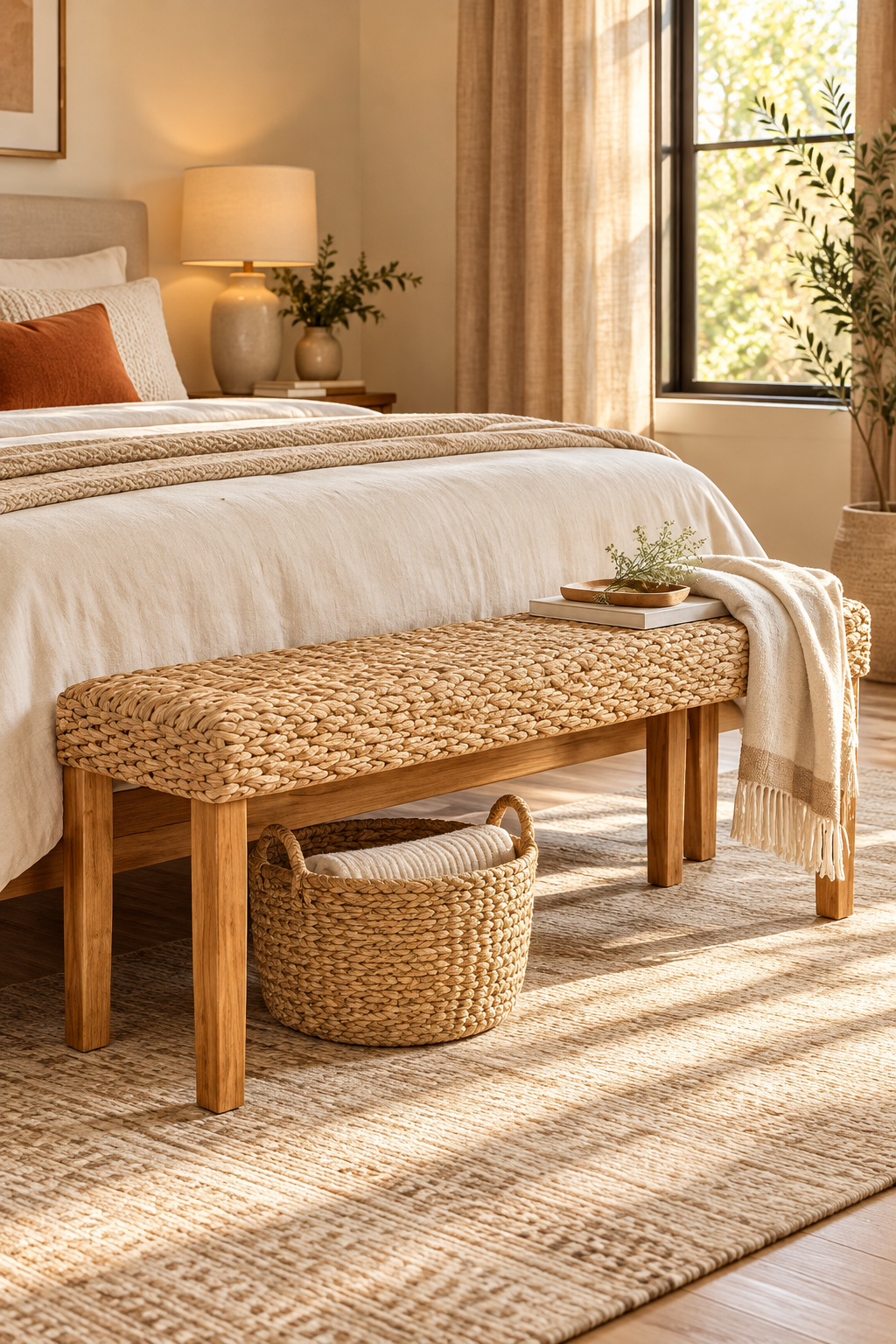 Solid wood entryway bench with a handwoven water hyacinth seat and natural acacia wood legs.
