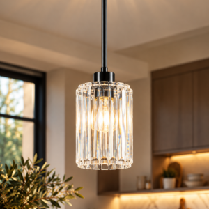 Black crystal pendant light with faceted glass shade and adjustable hanging rod