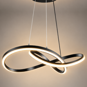 Modern black LED pendant light with irregular interlocking ring design