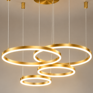 Gold ring chandelier with four geometric LED rings and warm white lighting