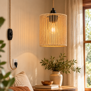 Beige woven rattan pendant light with vintage pleated wicker shade and hemp rope cord